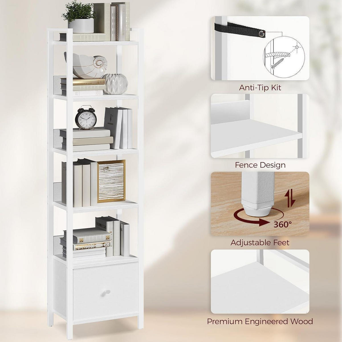 BÜCHERREGAL mit Schublade 33 x 24 x 157,5 cm Weiß - Weiß, Holzwerkstoff (33/157.5/24cm)