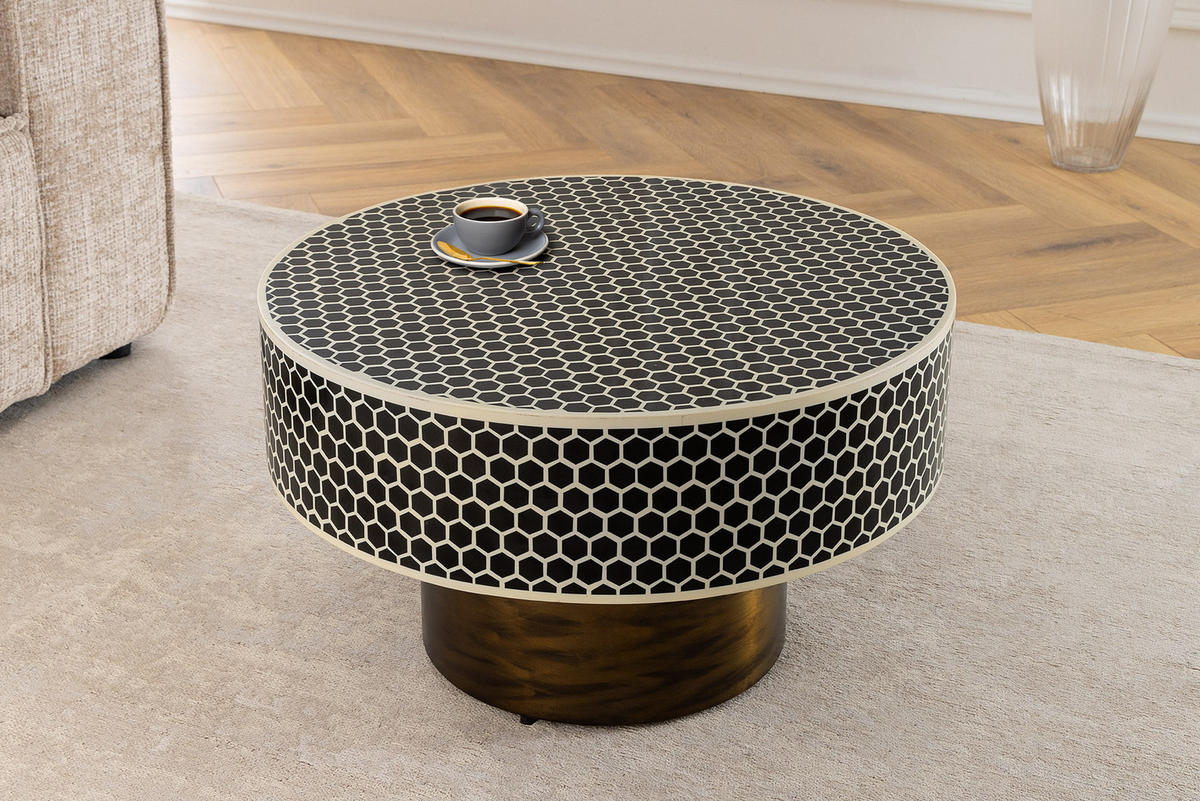 COUCHTISCH HARMONY NATURE Eisen rund Schwarz|Weiß 60cm - Goldfarben/Schwarz, Kunststoff/Metall (60/60/35cm) - riess-ambiente