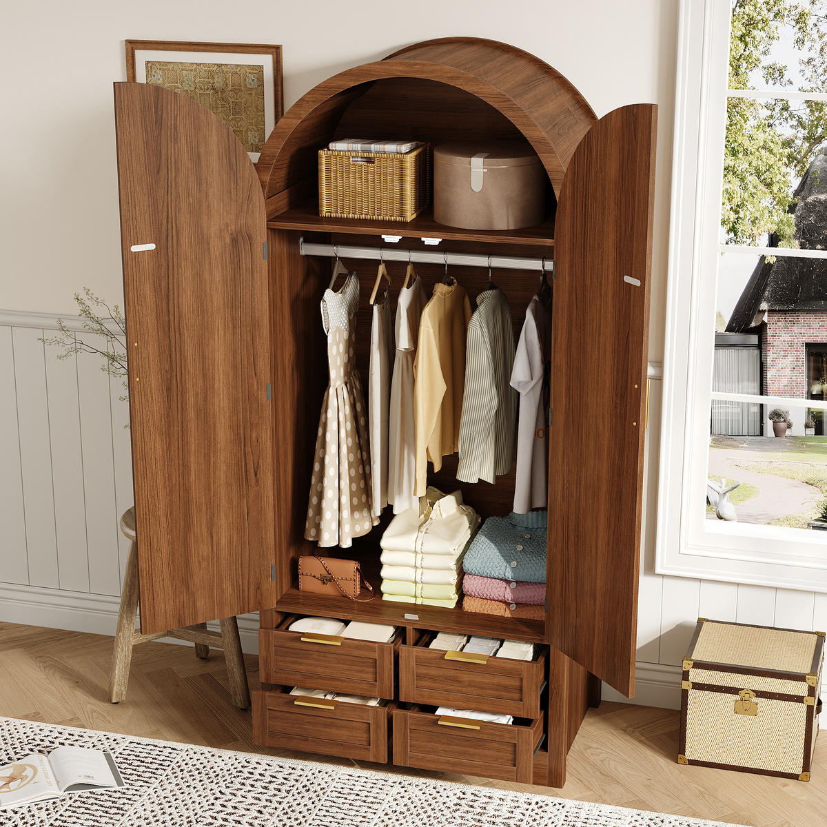 KLEIDERSCHRANK Gebogene Türen Stauraum Schubladen Schlafzimmer - Walnussfarben, Holzwerkstoff (50/179/80cm) - FLIEKS