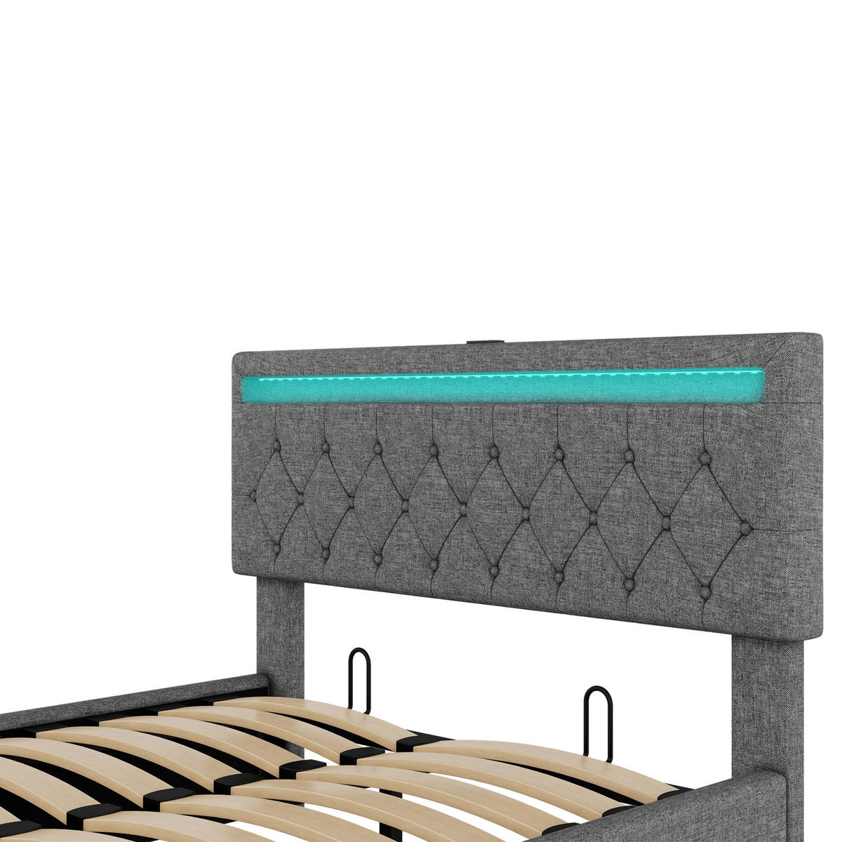 FLACHBETT 140x200cm Grau gepolstert LED Hydraulik USB-C Stauraum - Grau, Holz (140/200cm) - FLIEKS