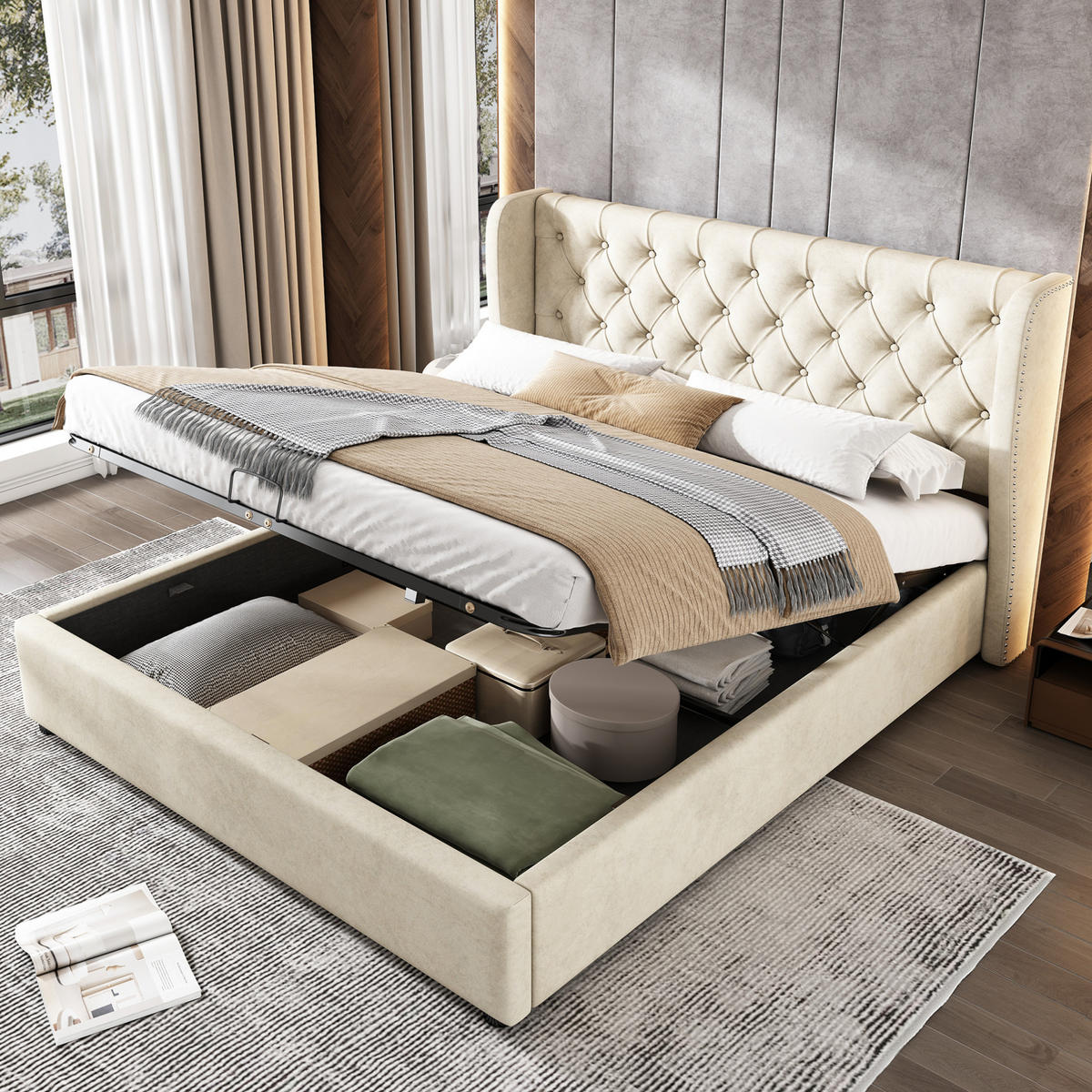 POLSTERBETT 140/200 cm grau aus Samt mit Bettkasten - Beige, Textil (140/200cm) - OKMYHOME