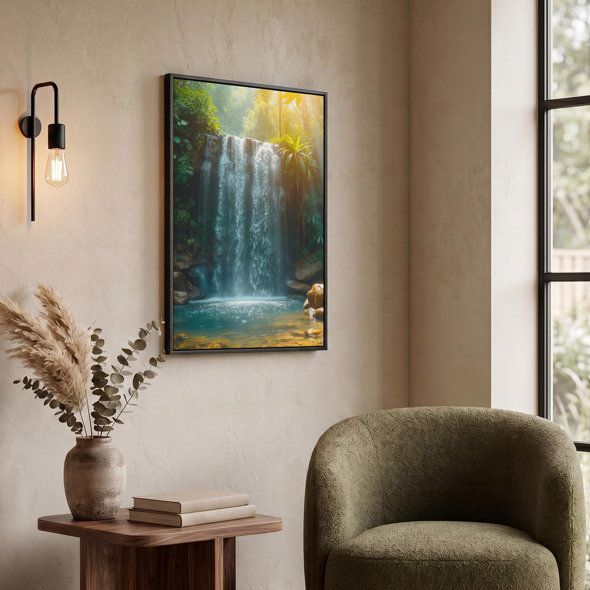 LEINWAND Bilder mit Rahmen - Wasserfall - Dschungel - Sonne - Grün - Natur - 50x70 - Grün, Textil (50/70cm) - MuchoWow