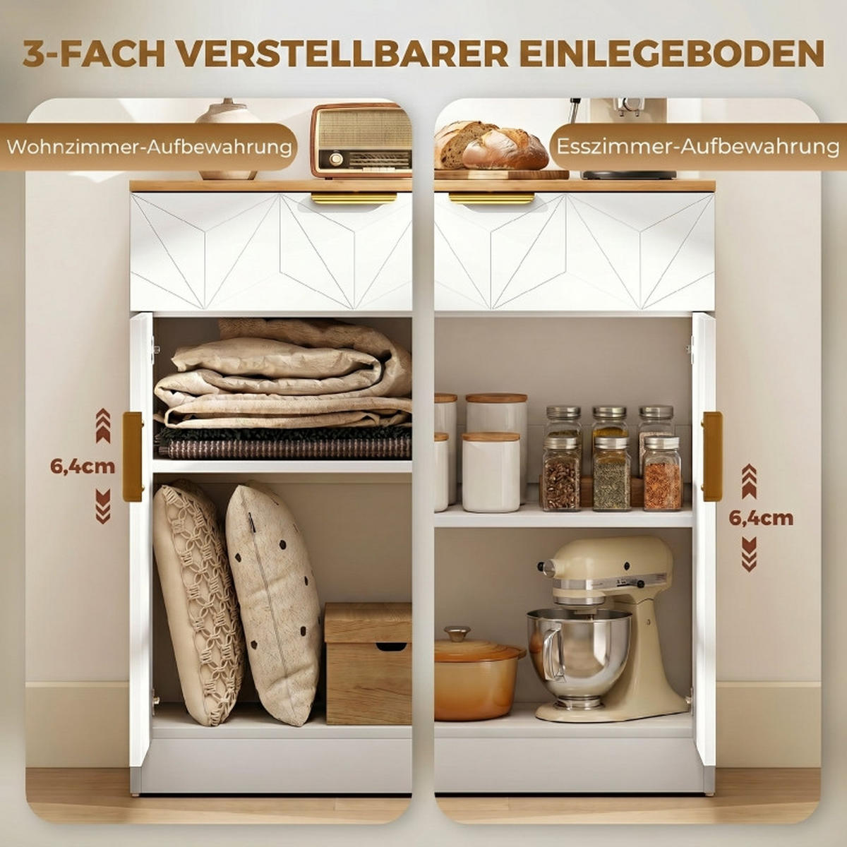 SIDEBOARD DE-38800 60/32/82 cm Schublade und verstellbares Regal Weiß/Natur - Weiß, Holzwerkstoff (60/82/32cm) - ComfortXL