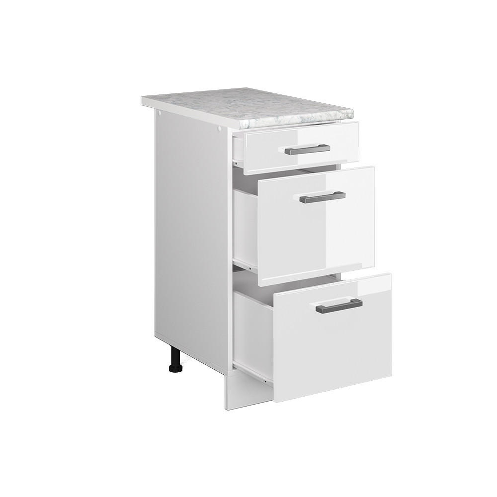 KÜCHENSCHRANK R-Line Weiß Hochglanz 40 cm mit Schubladen AP Marmor - Weiß Hochglanz/Weiß, Holzwerkstoff (40/81.6/60cm) - Vicco