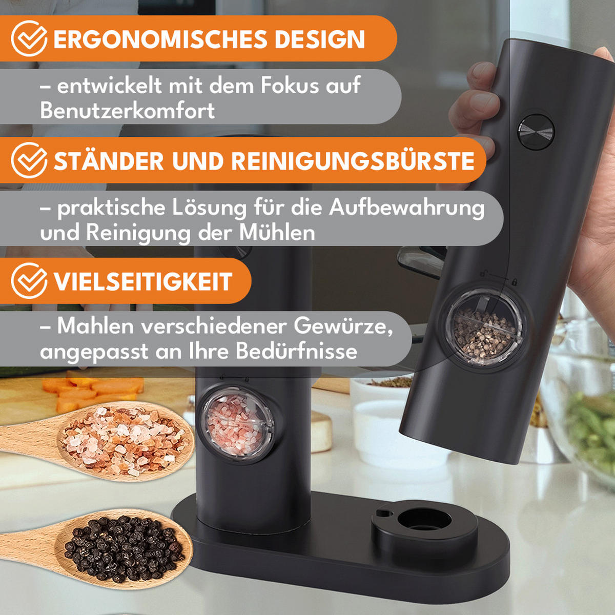GEWÜRZMÜHLE Salz & Pfeffer - Schwarz, Kunststoff (14/20/5cm) - KRUMAD