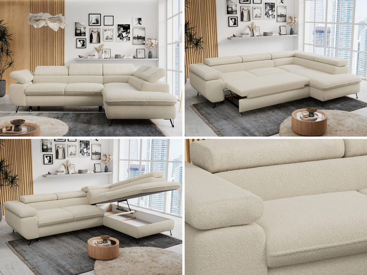 ECKSOFA PETER L Beige Boucle - Rechts Seite - Beige/Schwarz, Textil/Metall (273/208cm) - MKS