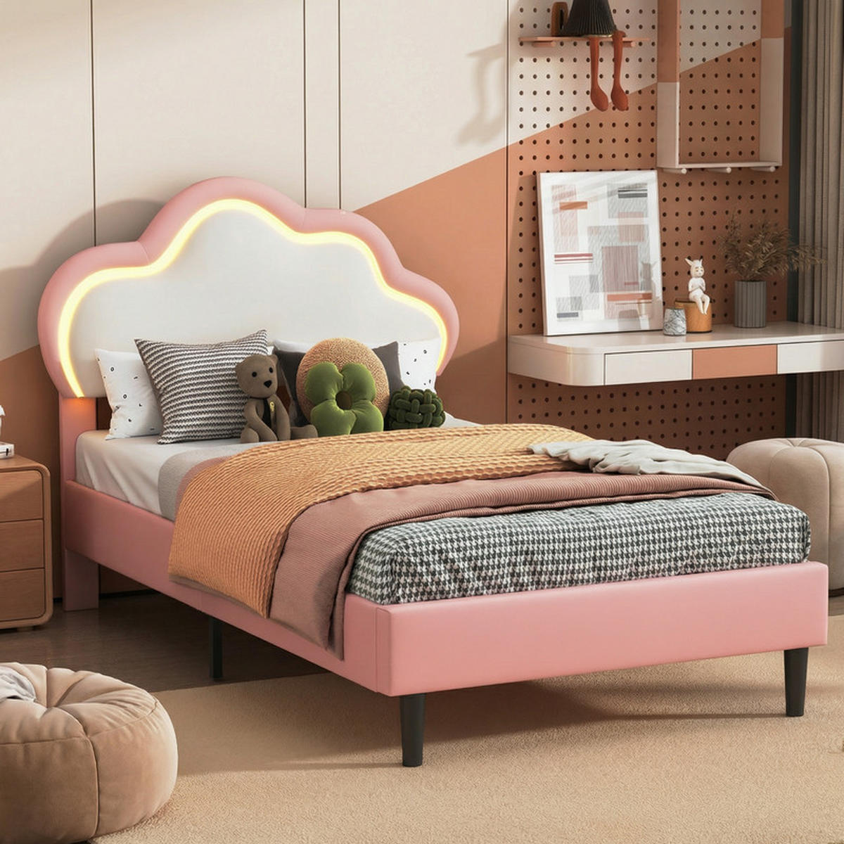 KINDERBETT 90/200 cm rosa mit LED und Wolkenkopfteil - Rosa, Holz - SHOPENTRA