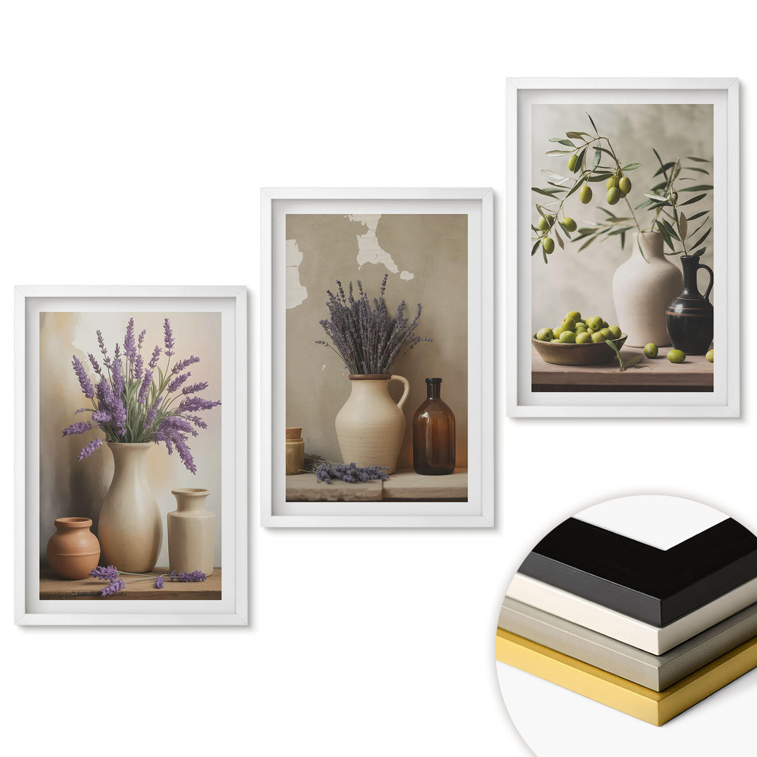 WANDBILDER 3er-Set - 40x60 cm Weißer Rahmen - Blumen in Vasen, Oliven, Dekorationen - Weiß, Kunststoff (40/60cm) - ArtPrintCave