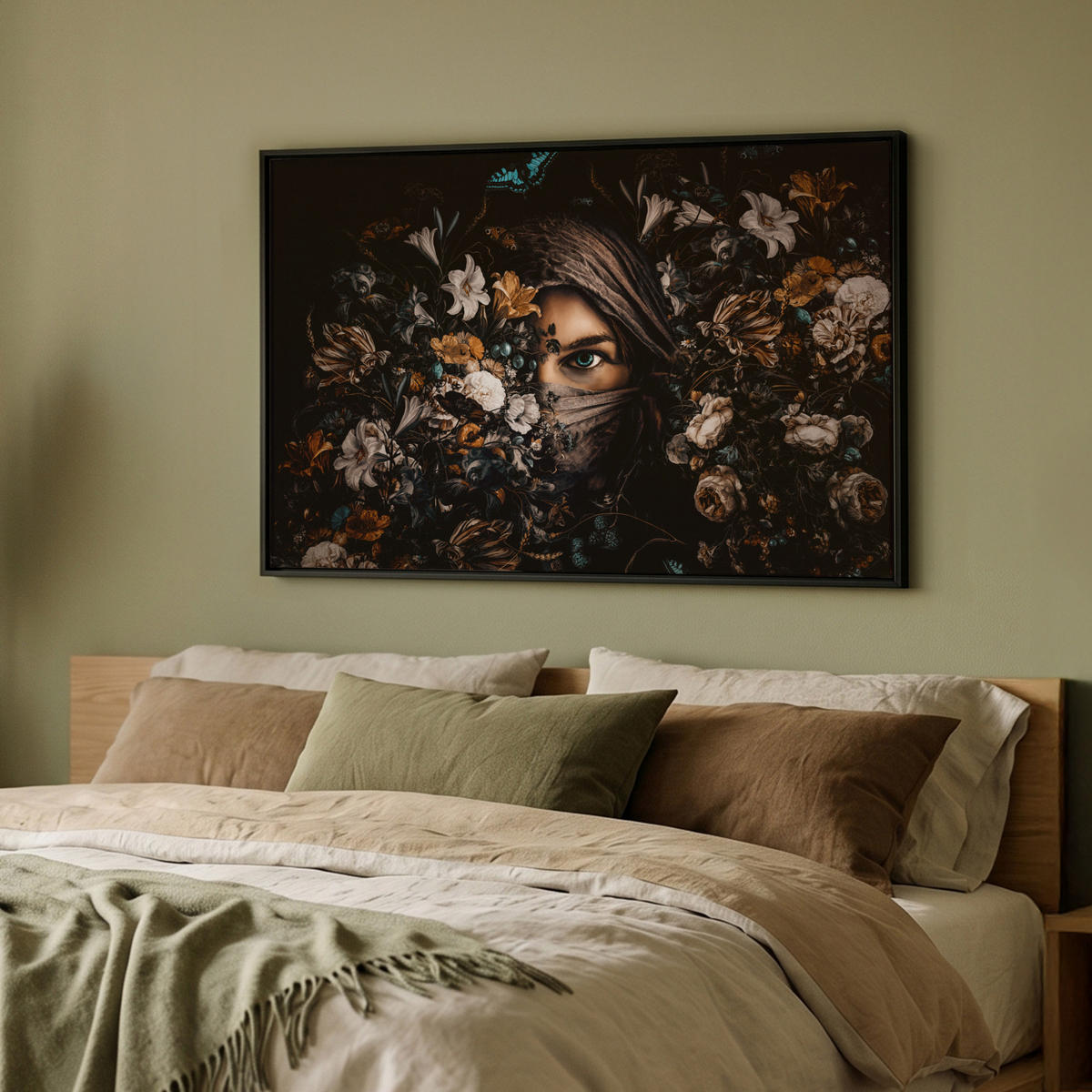 LEINWAND Bilder mit Rahmen - Frau - Luxus - Blumen - Schmetterling - Porträt - 90x60 - Schwarz, Textil (90/60cm) - MuchoWow