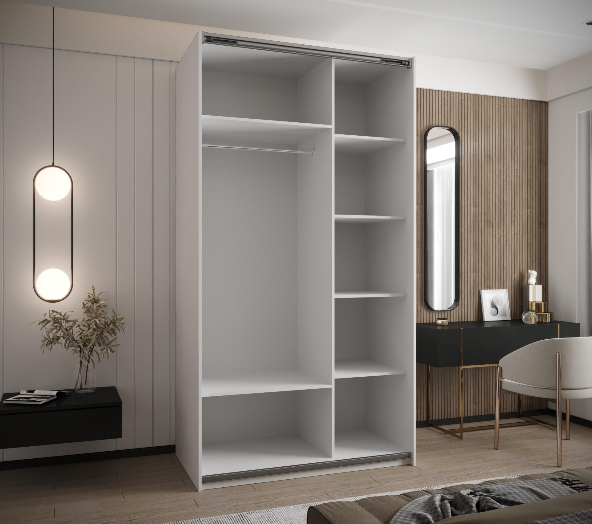Thumbnail - Abiks Möbel Schwebetürenschrank, Weiß, Eiche Artisan, Schwarz, Metall, Nachbildung, 6 Fächer, 140x245x64 cm, Schlafzimme...