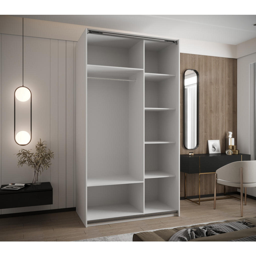 Thumbnail - Abiks Möbel Schwebetürenschrank, Weiß, Schwarz, Schwarz, Metall, Nachbildung, 6 Fächer, 140x245x64 cm, Schlafzimmer, Kle...
