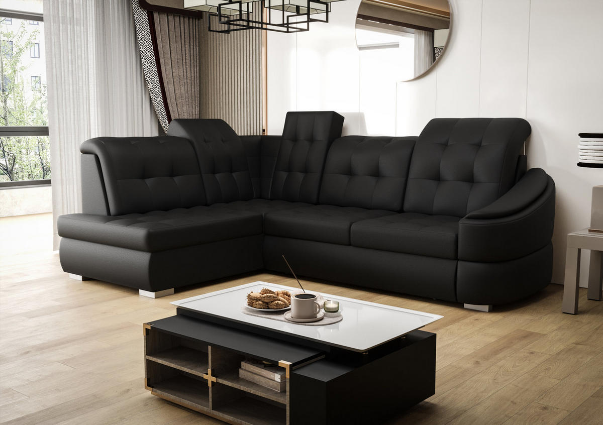 ECKSOFA KONGO RBN09, Eckcouch in L-Form mit Schlaffunktion, Farbe: Schwarz, Kunstleder, Ottomane Links - Schwarz, Textil (260/180cm) - O-Sofa