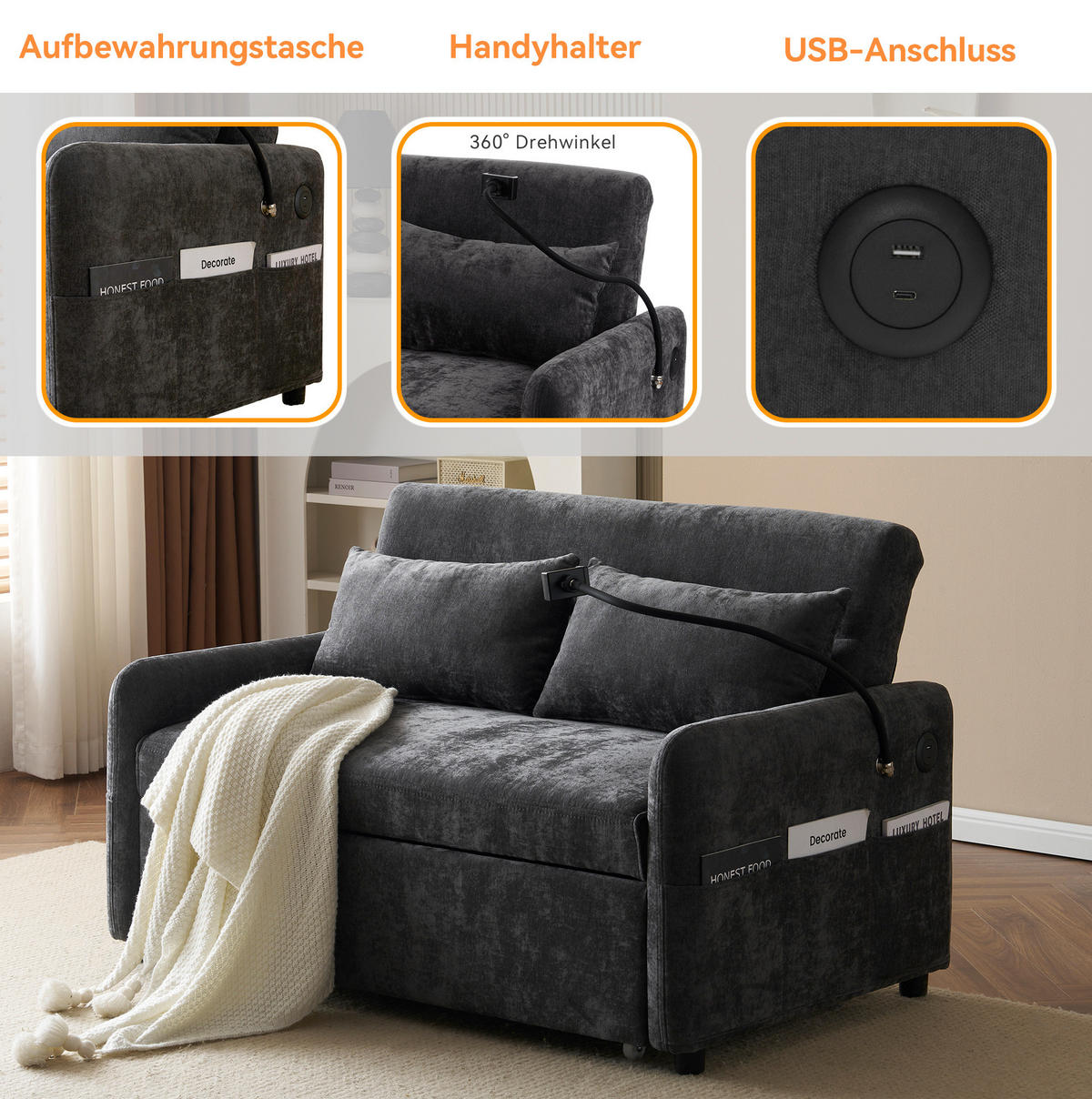 SCHLAFSOFA, Chenille mit USB-Anschluss & 3-fach verstellbarer Rückenlehne, 129/163/81 cm, Grau - Grau, Textil (129/81/163cm) - Redom