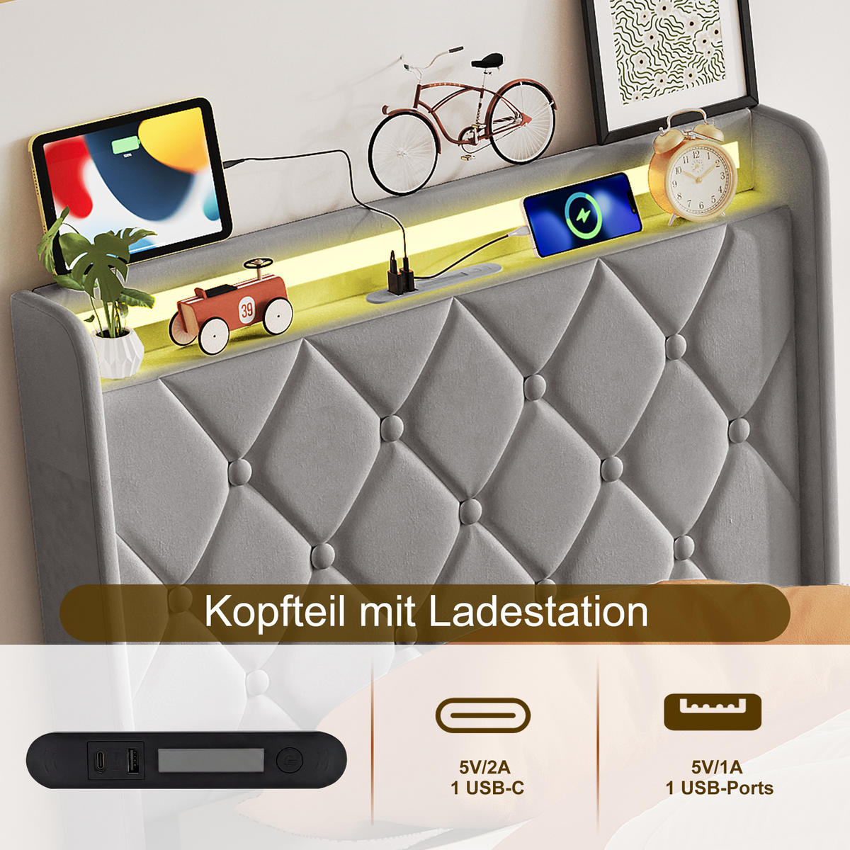POLSTERBETT 90x200 cm Grau mit RGB-LED, USB-C & hydraulischem Stauraum - Grau, Holz (90/200cm)
