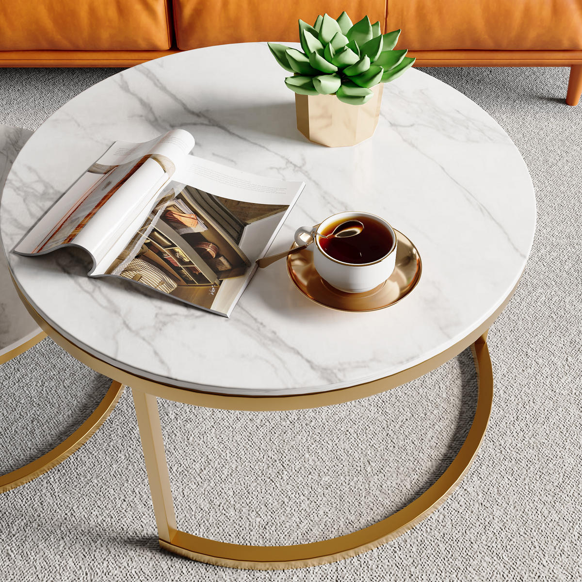 COUCHTISCH 2er Set rund, Satztisch mit Marmoroptik Gold - Goldfarben, Metall (80/80/45cm) - PARAFTA HOME