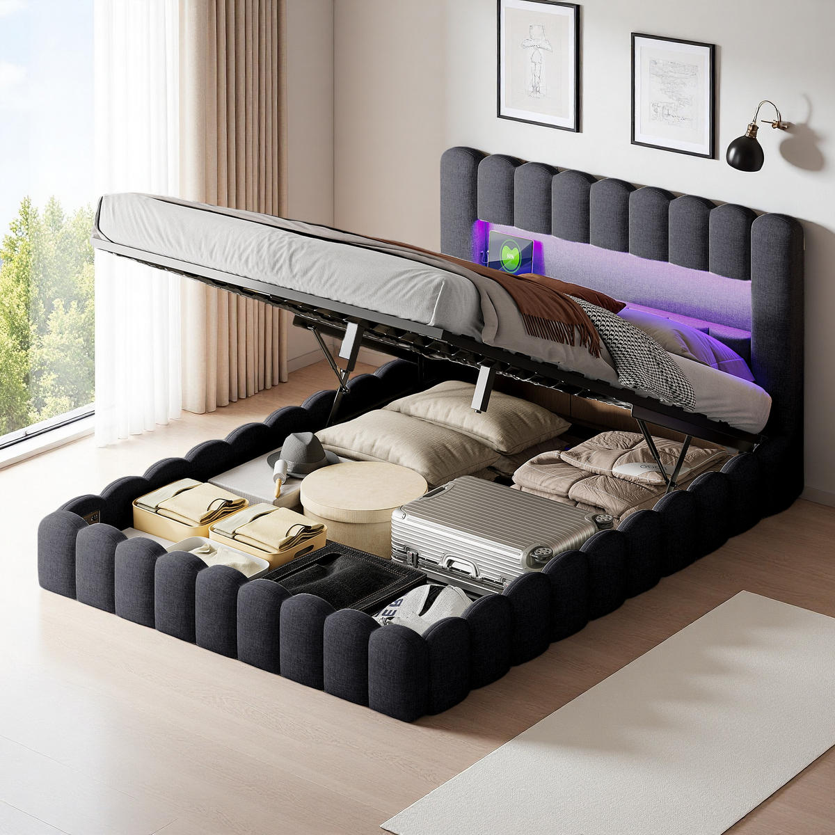 POLSTERBETT 160x200 cm LED Hydraulik Stauraum Lattenrost Leinen grau - Grau, Holz (160/200cm) - LEBENLANG