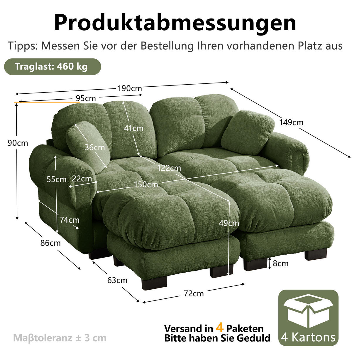 SOFA od ženilje u zelenoj boji, 190/149/90 cm - zelena, tekstil (149/90/190cm) - Flora Grace