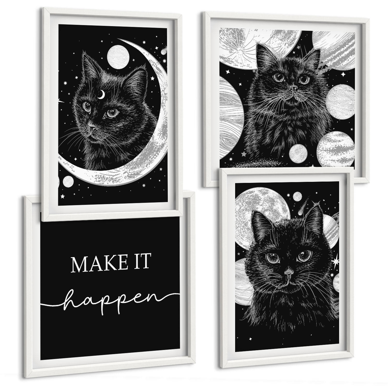 BILDER SET 4er Set - 50x50 cm & 40x60 cm Weißer Rahmen - Schwarze Katzen, Mond, Planet - Weiß, Kunststoff (50/50cm) - TULUP