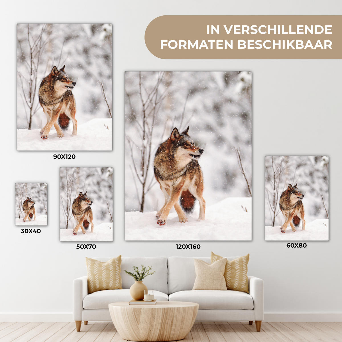 LEINWANDBILD Wolf - Winter - Schnee - Natur - Tiere Room Decor 30x40 cm - Haselnussfarben, Textil (30/40cm) - MuchoWow