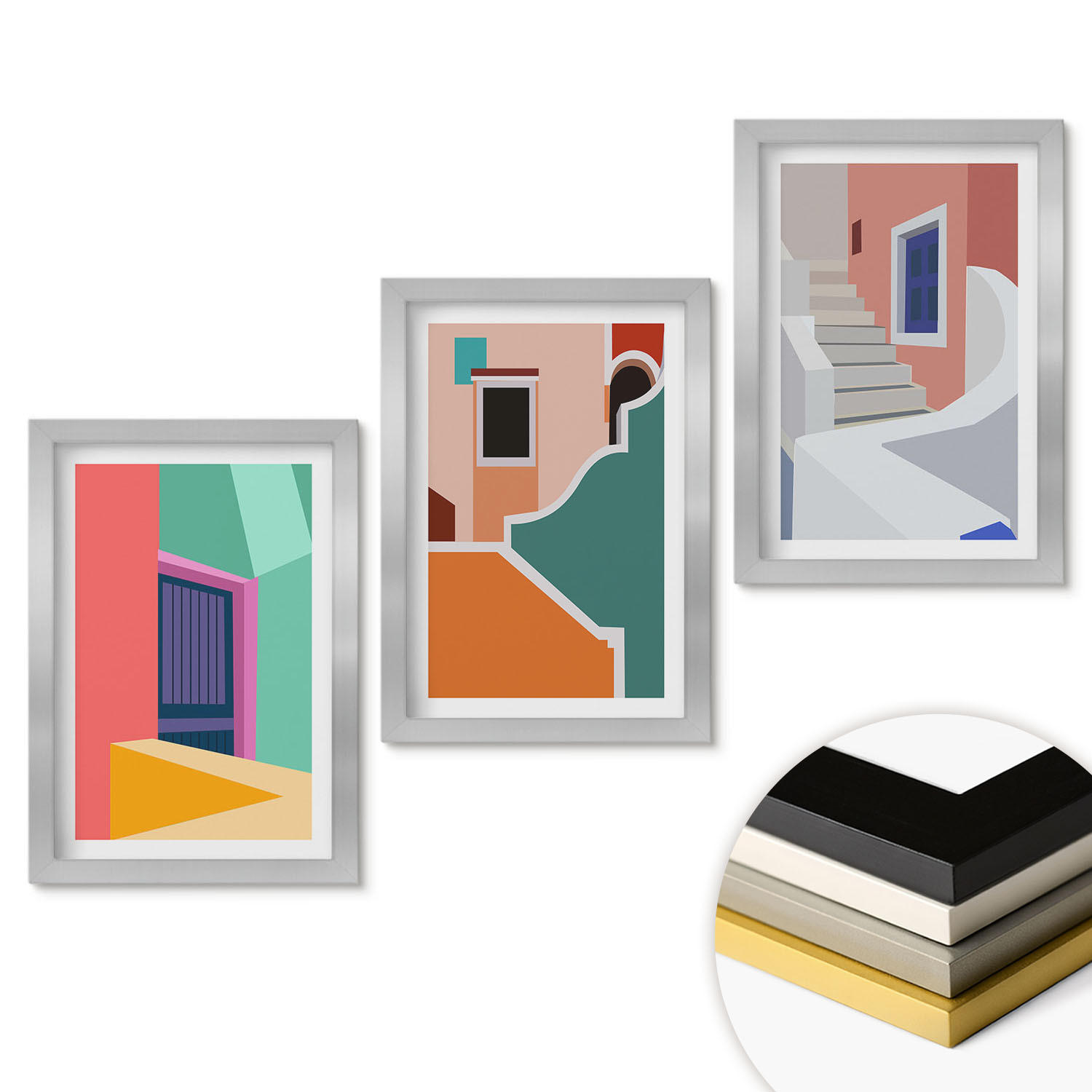 WANDBILDER 3er Set - 20x30 cm Silberner Rahmen - Farbenfrohe Illustrationen von Gebäuden - Silberfarben, Kunststoff (20/30cm) - ArtPrintCave
