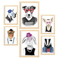 POSTER Set Mit 6 Edle Tiere Im Farbenfrohen Handgezeichneten Weißer Hintergrunddruck Mit Tieren In Menschlicher A3 & A4 Rahmen Aus Hellem Holz - Beige, Papier (29/3cm) - Nacnic