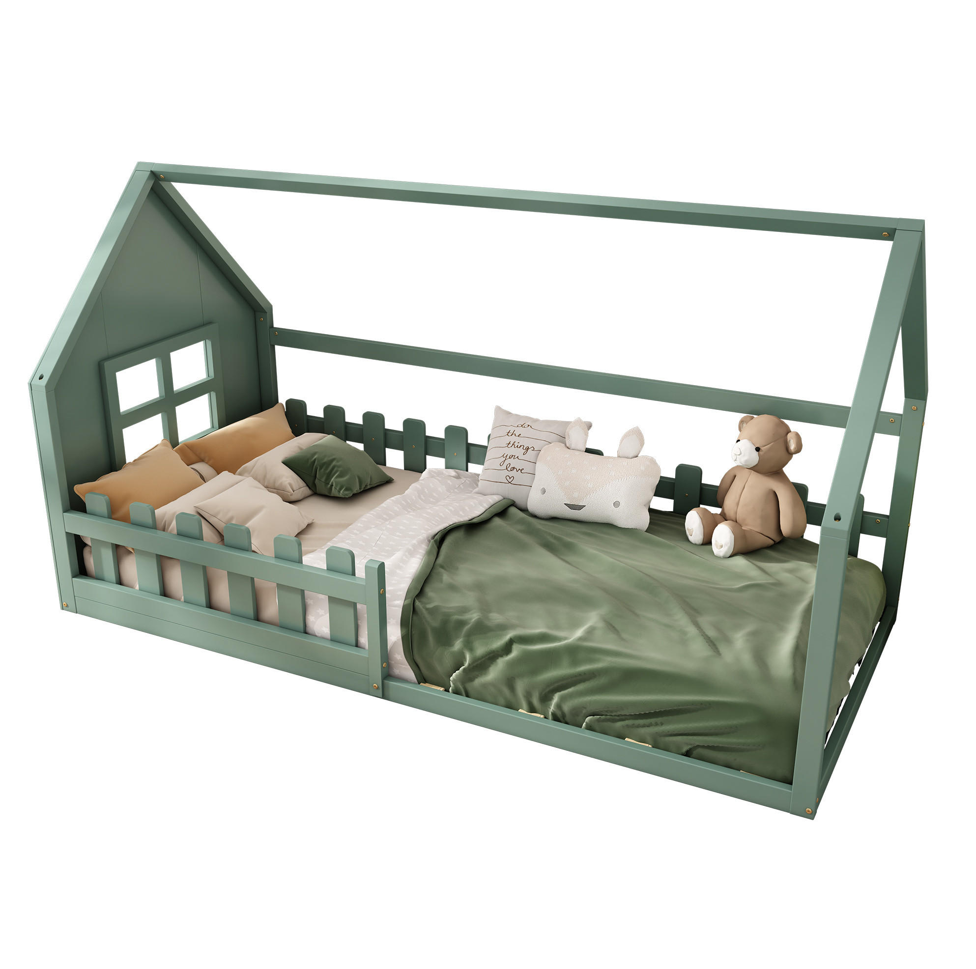 HAUSBETT aus Kiefer und MDF 90x200 cm Grün in Hausform mit Lattenrost und kreativem Design - Grün, Holzwerkstoff (90/200cm) - Modfu