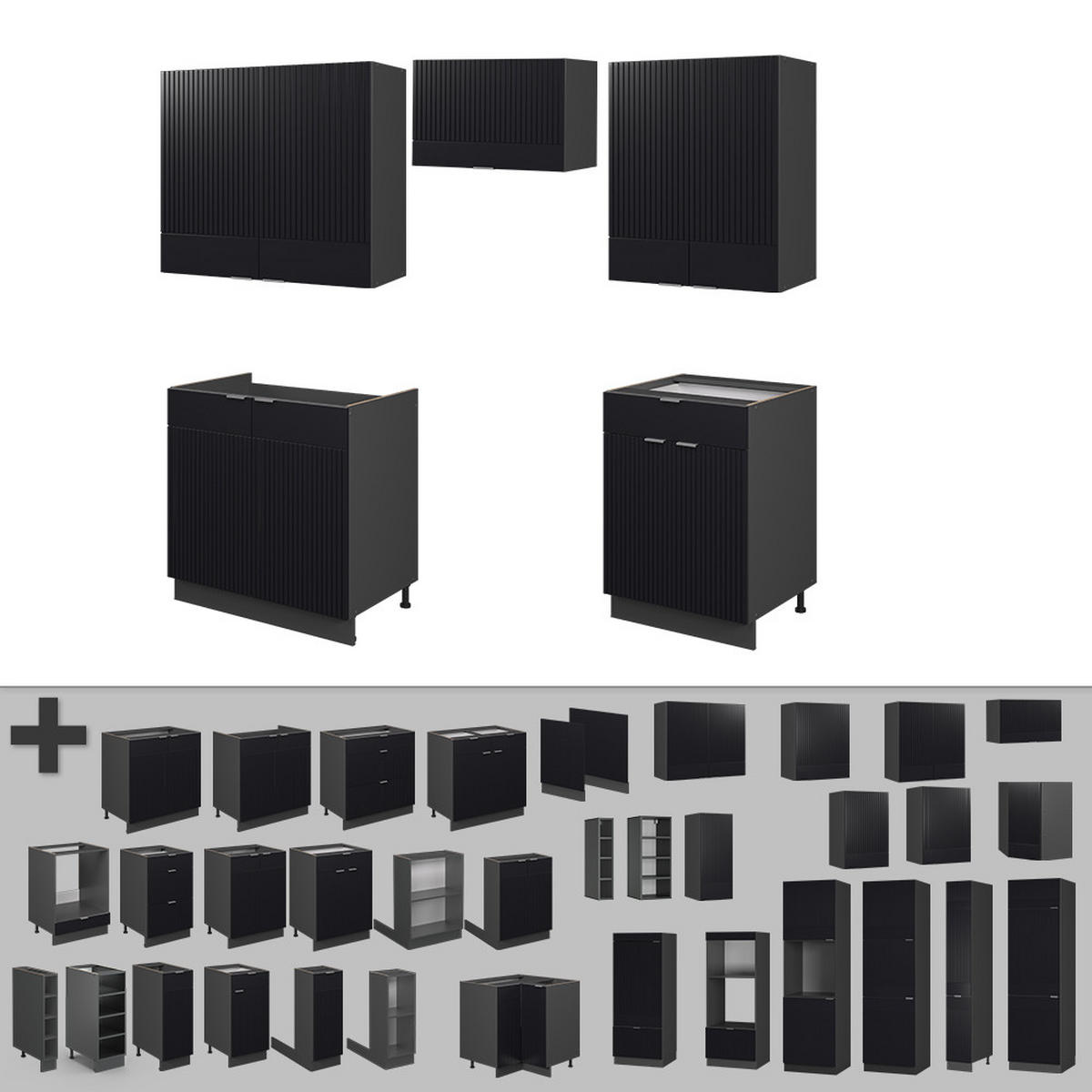 KUCHYŇSKÁ LINKA Fame-Line, černé pruhy/antracit, 200 cm bez pracovní desky - černá/antracitová, kompozitní dřevo (200/81.6/46cm) - Vicco