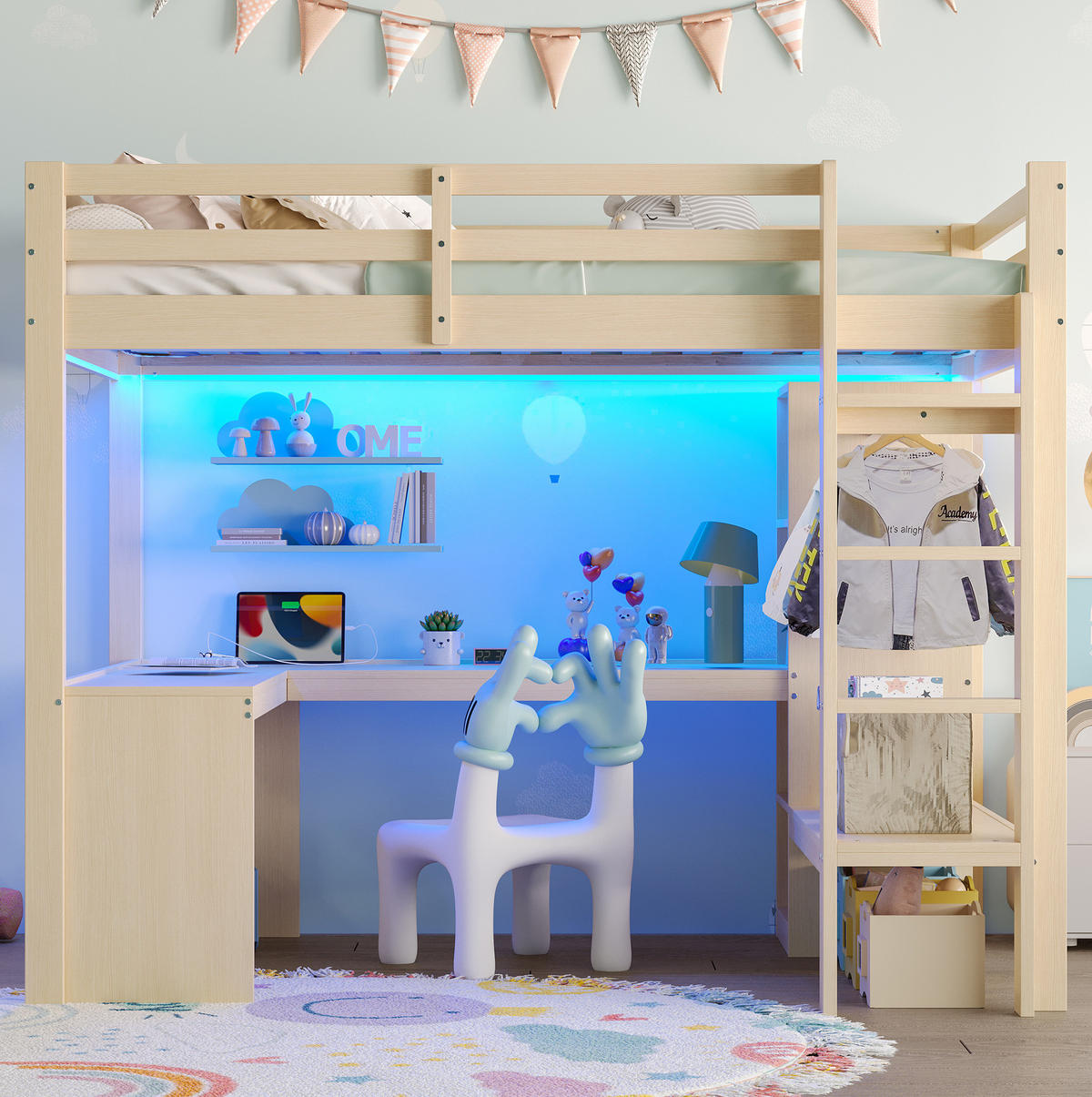 HOCHBETT 140/200 cm aus Massivholz und MDF mit Schreibtisch, LED, USB, Regalen und offenem Kleiderschrank, Natur - Naturfarben, Holzwerkstoff (140/200cm) - Redom