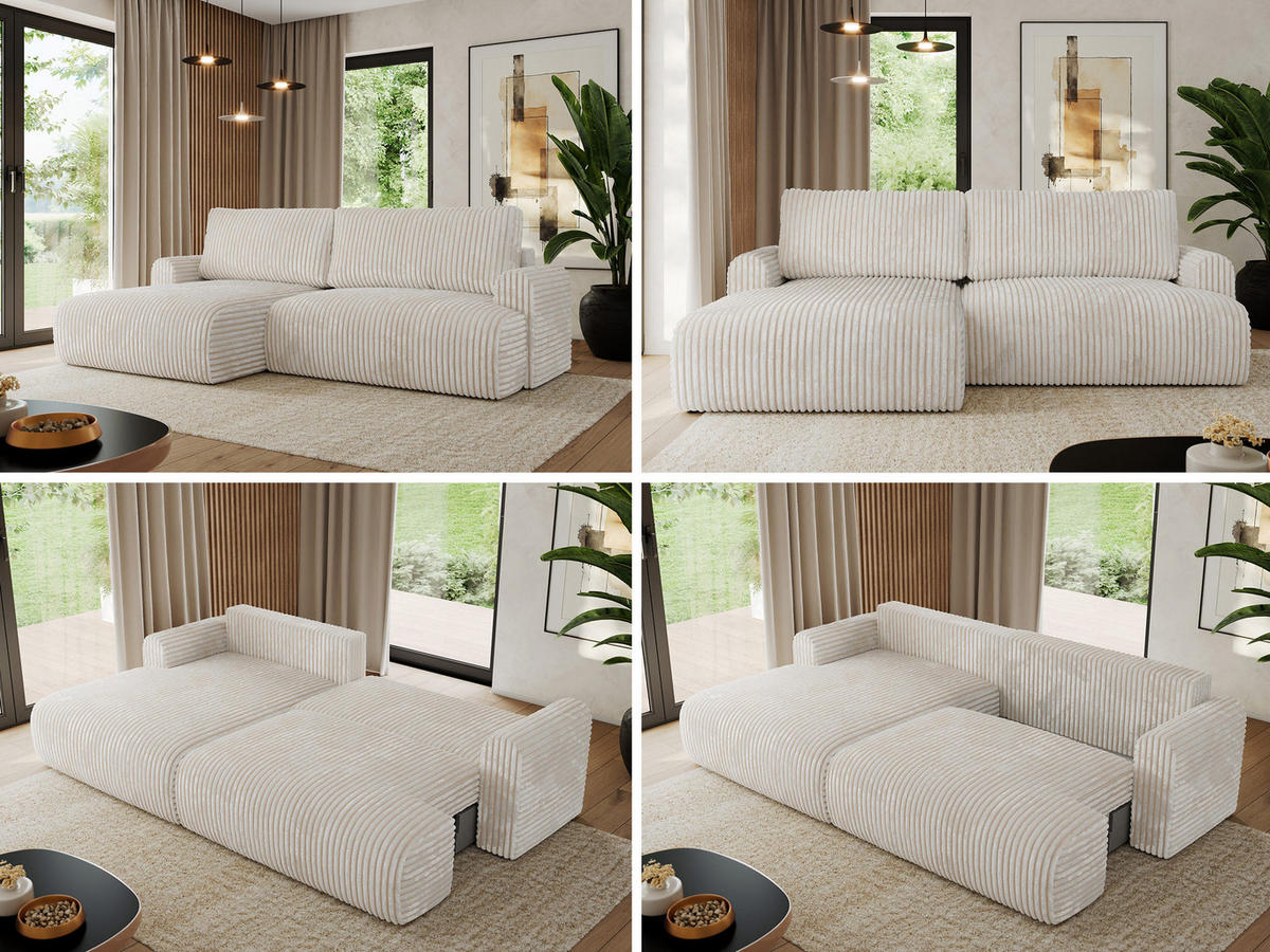 ECKSCHLAFSOFA TONO L Creme Cord - links - Creme/Schwarz, Kunststoff/Textil (260/150cm) - MKS