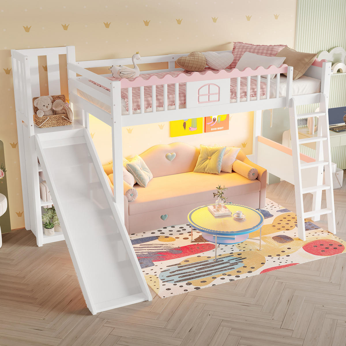 HOCHBETT 90/200 cm Weiß mit LED-Leuchten und Rutsche aus Kiefernholz - Weiß, Holz (90/200cm) - OKWISH