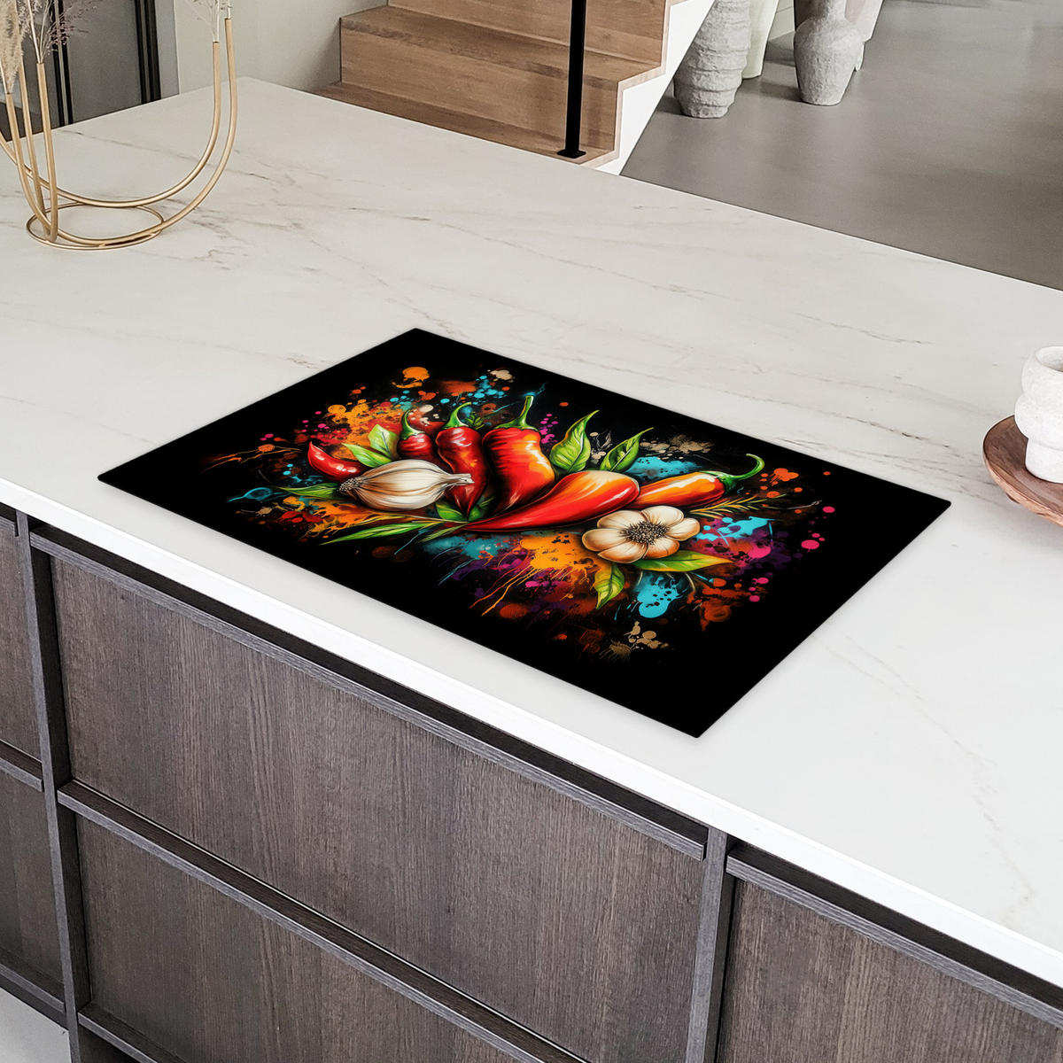 HERDABDECKPLATTE Gemüse - Paprika - Knoblauch - Graffiti - Farbe - Bunt 83x51 cm - Rot, Kunststoff (83/51.5/0.2cm) - MuchoWow