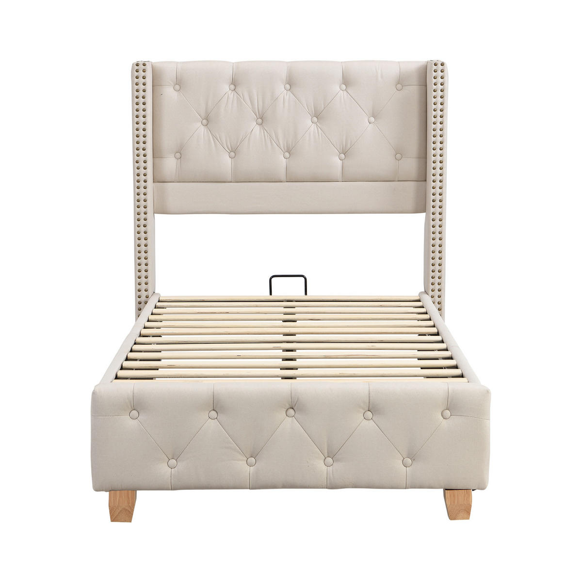 POLSTERBETT 90/200 cm mit Lattenrost, Knopfheftung & Nieten-Kopfteil, Beige - Beige, Textil (90/200cm) - Redom