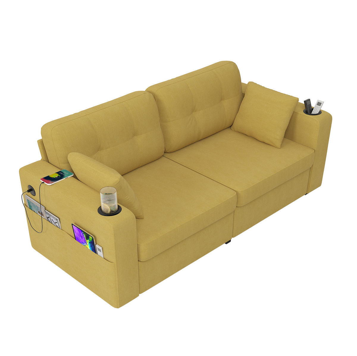 2-SITZER Sofa 172/75/82 cm mit USB-Anschlüssen, Stauraumschubladen und Getränkehaltern, Chenille, Senfgelb - Gelb, Textil (172/82/75cm) - Redom