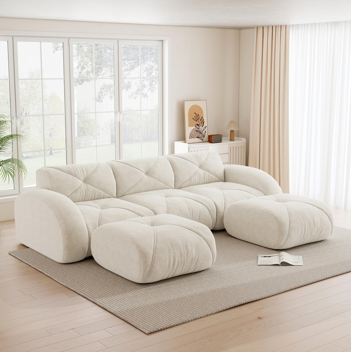 SOFA rahmenloses Modulsofa Chenille White mit 2 Hockern - Weiß, Kunststoff (171/76/281.1cm) - Meubliv
