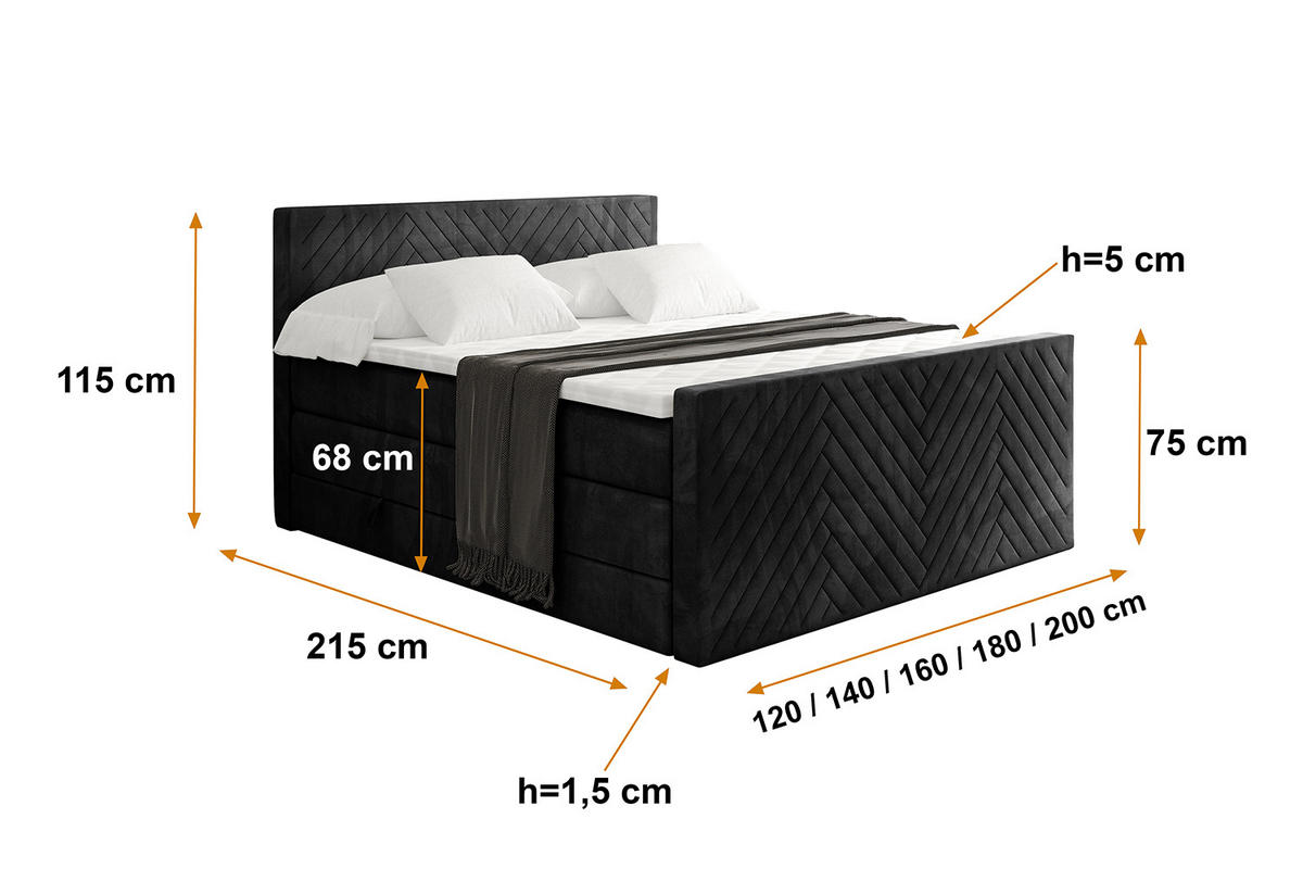 BOXSPRINGBETT mit Matratze und Lattenrost - VEXA-Z KING-160x200 - Schwarz Casablanca - Schwarz, Holzwerkstoff (160/200cm) - ALTDECOR