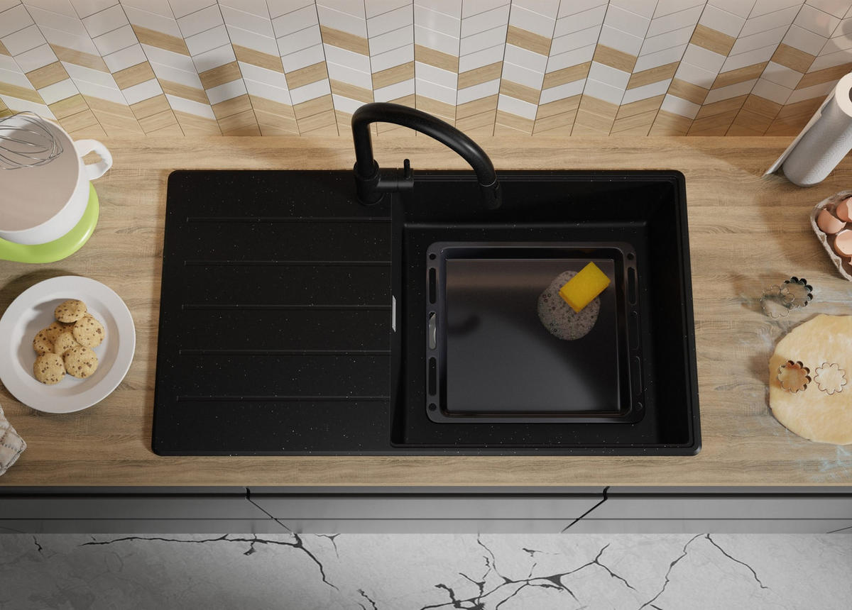 SPÜLBECKEN Kopenhagen, 2-er set Schwarz Metallic 90/50 cm 1 Becken + Ablauf-Set + Schneidebrett ab 60er Unterschrank - Chromfarben/Schwarz Hochglanz, Kunststoff (90/20/50cm) - Primagran