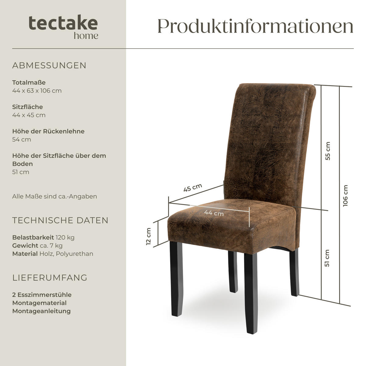 ESSZIMMERSTUHL 2er Set 44 x 63 x 106 cm antikbraun - Anthrazit/Braun, Textil (44/106/45cm) - tectake