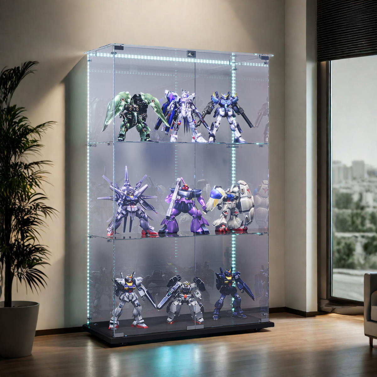 VITRINE Doppeltür schwarzer Sockel mit LED, 3 Glasablagen - Schwarz, Glas (35/123.3/78.5cm) - SHOPENTRA