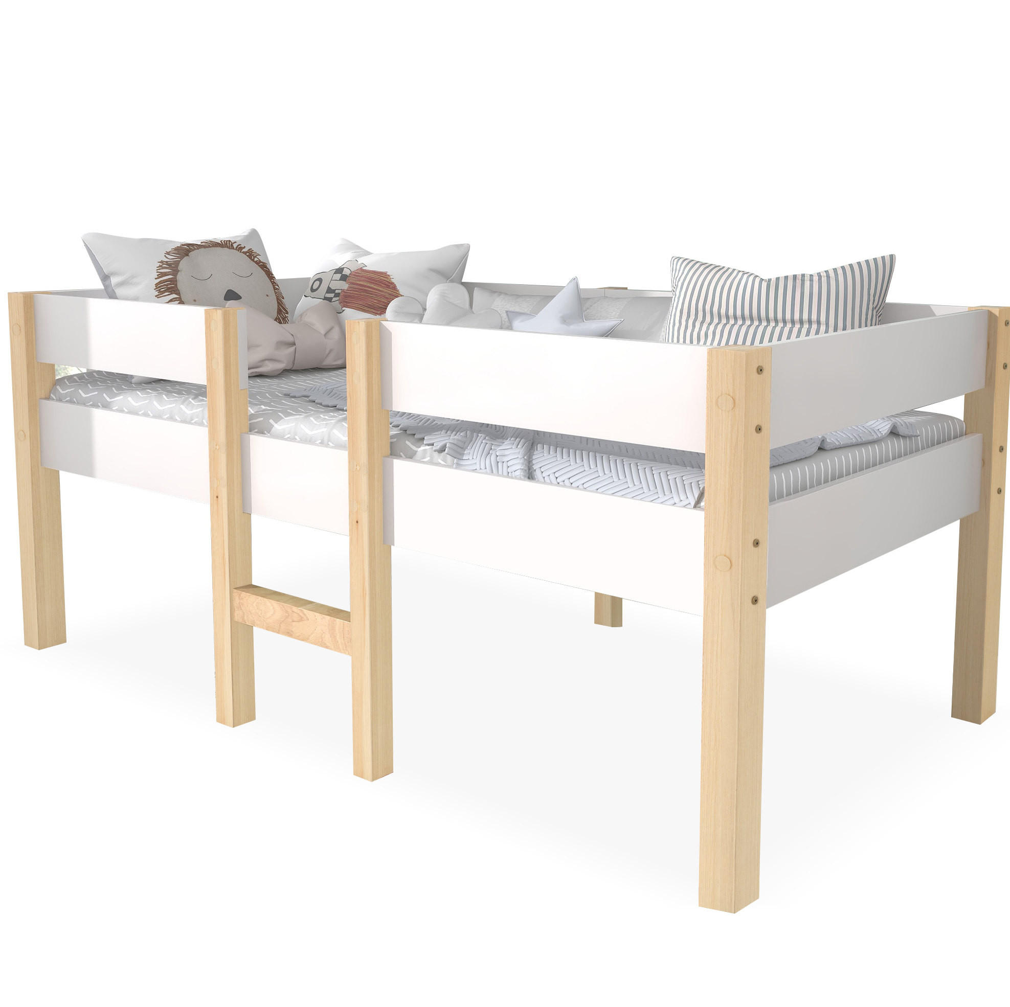 KINDERBETT 90/200 cm halbhoch aus Kiefer massiv mit Rausfallschutz und Leiter - Weiß, Holz (90/200cm) - BEAOK