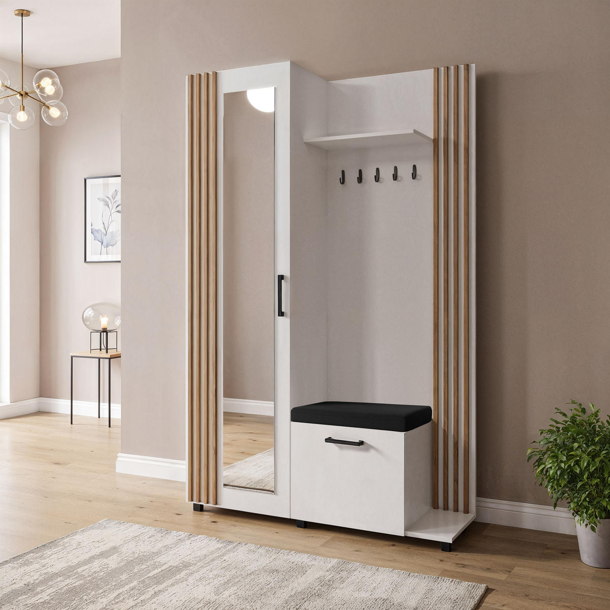 GARDEROBE Linaro mit Spiegel, Sitzbank in Lamellen-Optik 137/207/42 cm, Rechts - Schwarz/Weiß, Holzwerkstoff (137/207/42cm) - WFL GROUP