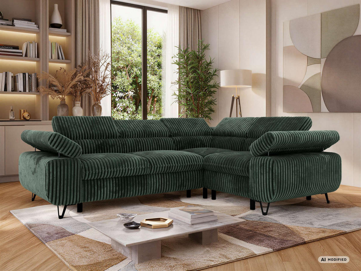 ECKSOFA ORSO L Dunkelgrün Cord - Rechts Seite - Dunkelgrün/Schwarz, Textil/Metall (268/197cm) - MKS