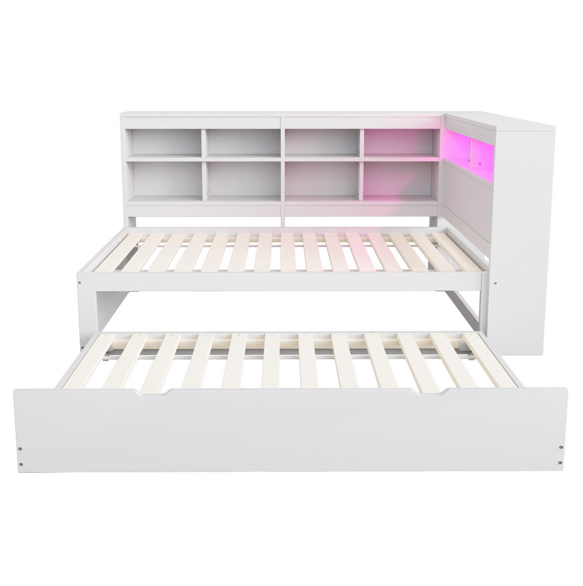 BETT 90x200 cm Weiß mit Ausziehbett, USB-Steckdose, LED-Beleuchtung und Stauraum - Weiß, Holzwerkstoff (90/200cm) - Modfu