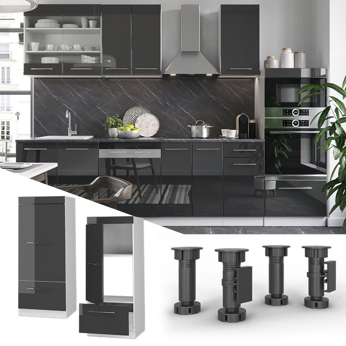 MIKROWELLENSCHRANK Fame-Line Anthrazit Hochglanz 60 cm - Schwarz Hochglanz/Weiß, Holzwerkstoff (60/153.6/58.1cm) - Vicco
