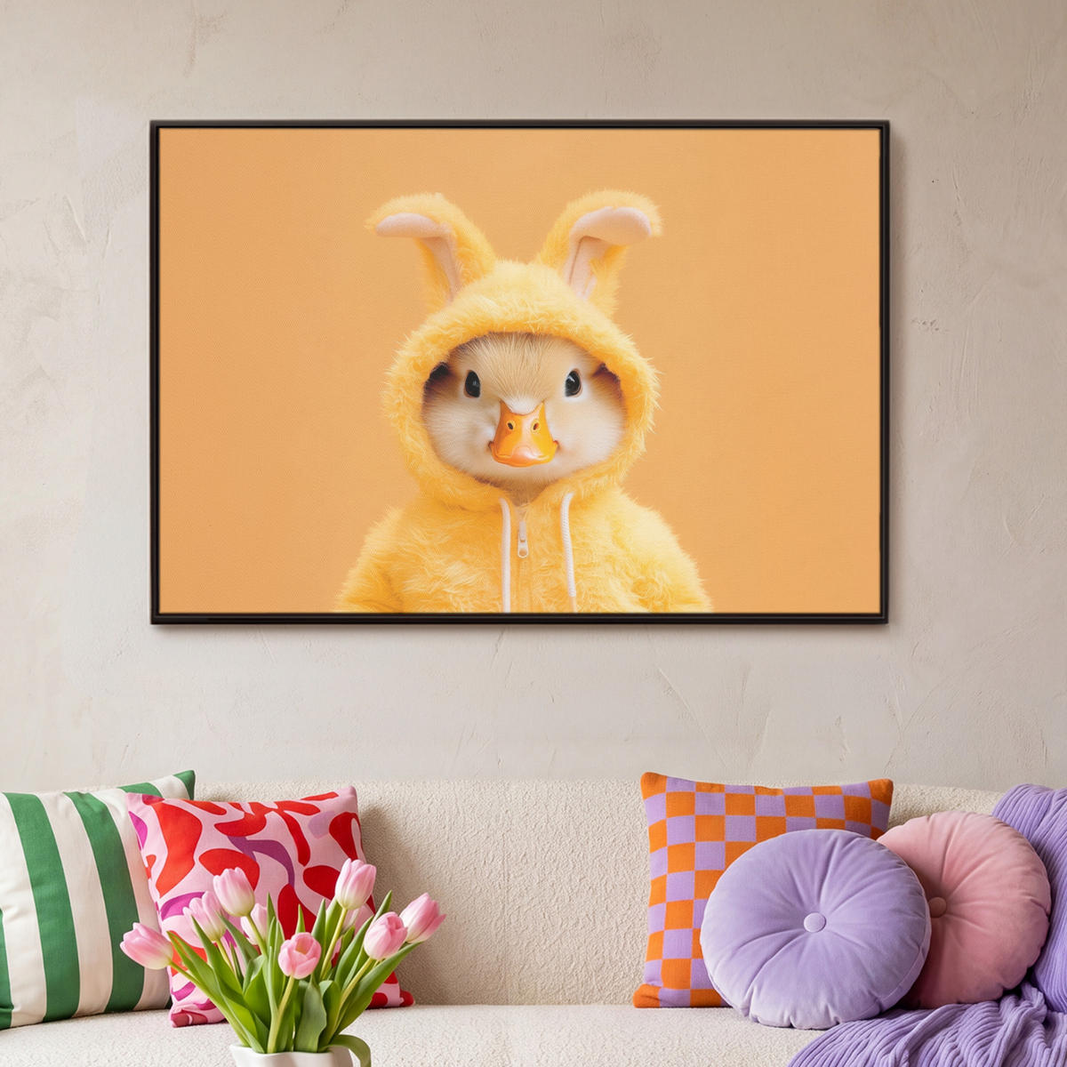 LEINWAND Bilder mit Rahmen - Osterhase - Kostüm - Ente - 90x60 - Gelb, Textil (90/60cm) - MuchoWow
