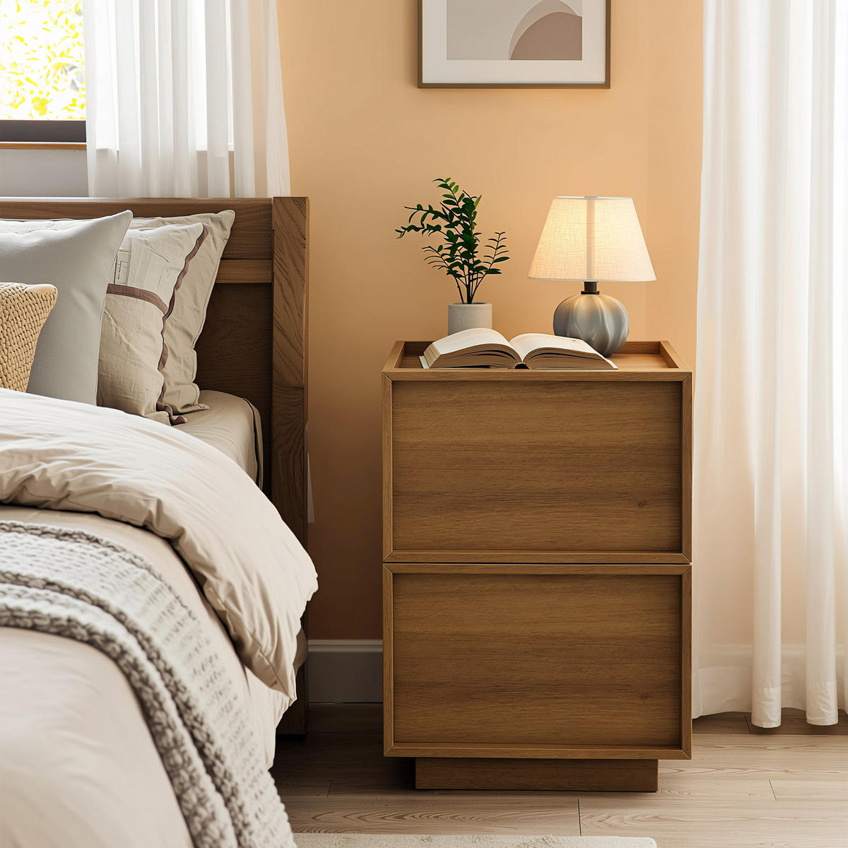 NOČNÍ STOLEK dub 38 cm, 2 zásuvky, ochrana proti převrácení - barva dubu, kompozitní dřevo (38/50/48cm) - Urban Meuble
