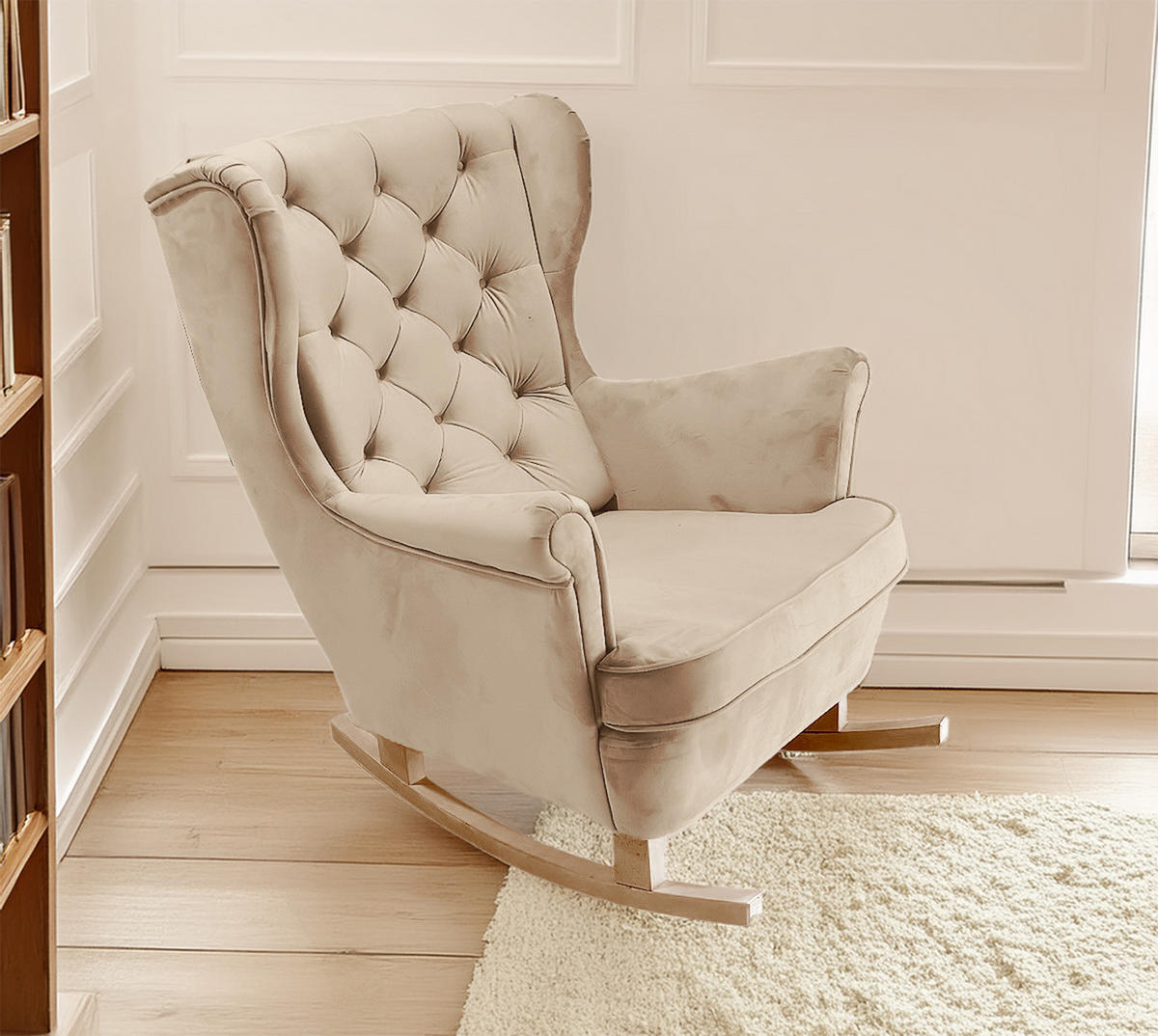 SCHAUKELSESSEL mit gepolstertem Sitz und Armlehnen, 102x81x95 cm, Cappuccino_29812 - Ecru/Buchefarben, Holz/Textil (81/102/95cm) - DomoHome