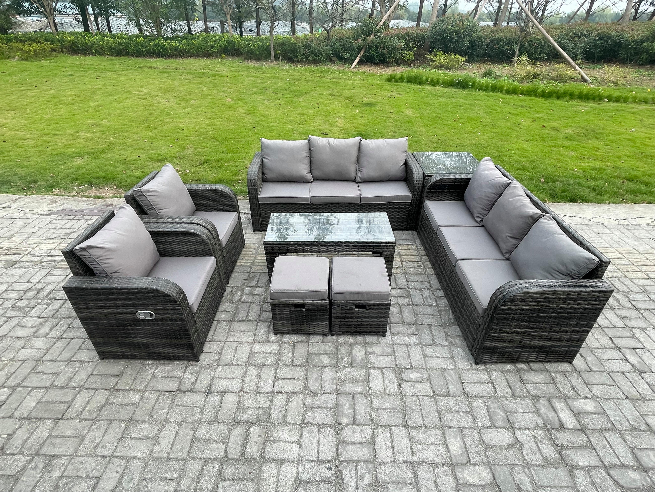GARTENSOFA SET mit rechteckigem COUCHTISCH Polyrattan 10-Sitzer Dunkelgrau - Dunkelgrau/Grau, Glas/Kunststoff - Fimous