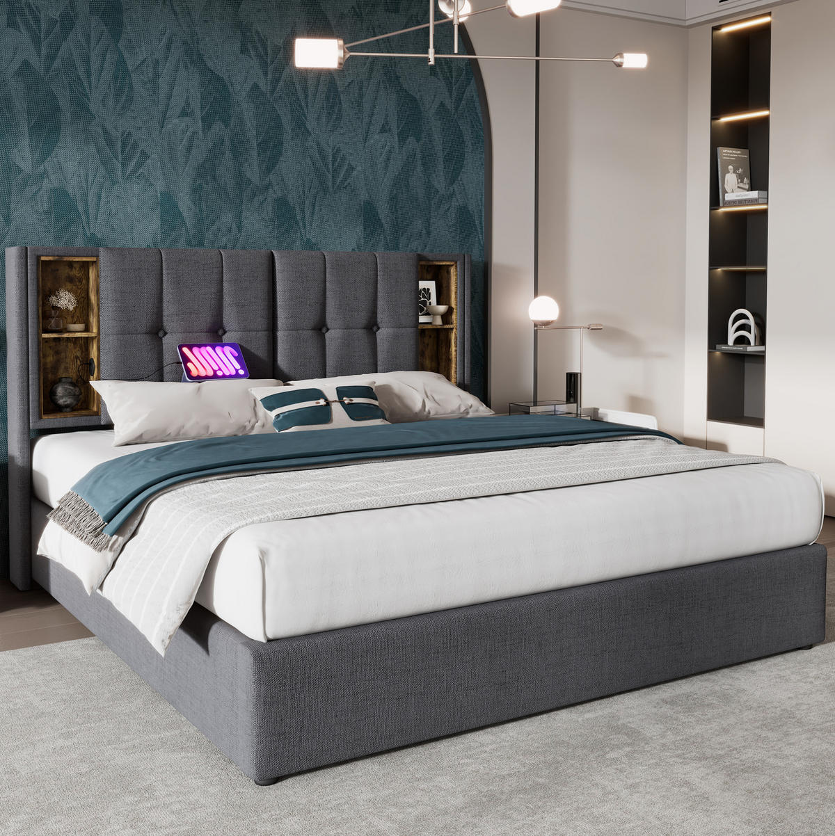 BETT mit Stauraum und Ladestation 160x200 cm Baumwolle Grau - Grau, Metall (160/200cm) - Meubliv