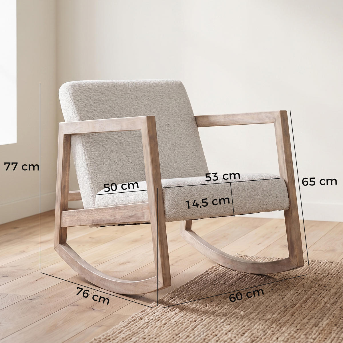 SCHAUKELSTUHL mit Holzrahmen Wohnzimmersessel Lounge Kautschukholz Cremeweiß - Creme, Kunststoff (76/77/60cm) - HOMCOM
