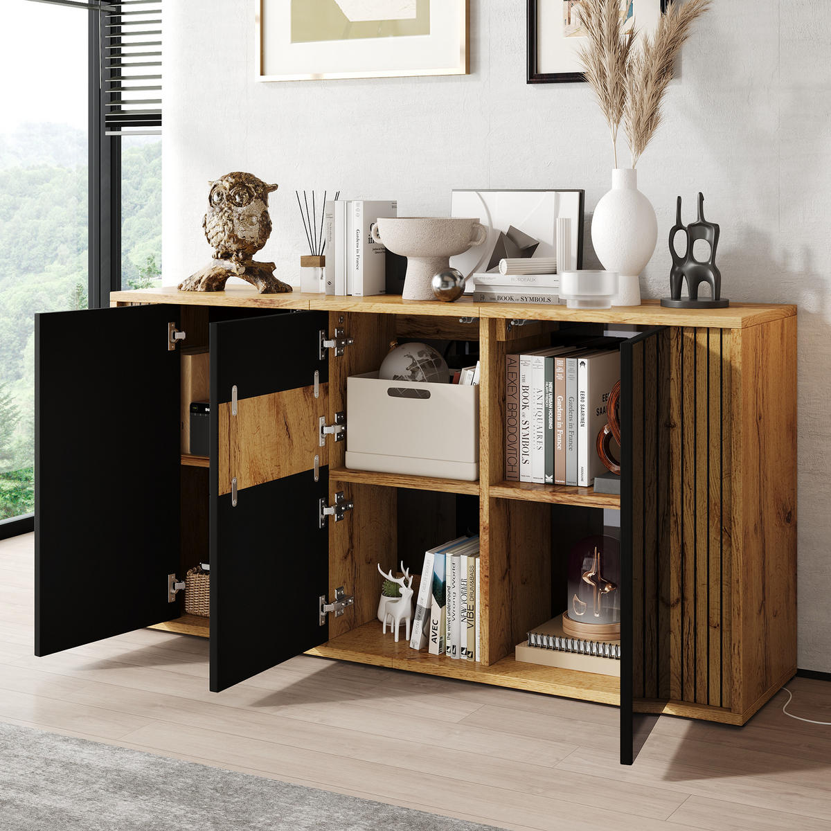 SIDEBOARD Schwarz Hochglanz & Holzton 3 Türen Wellenmuster - Naturfarben, Holzwerkstoff (140/71/35cm) - Urban Meuble